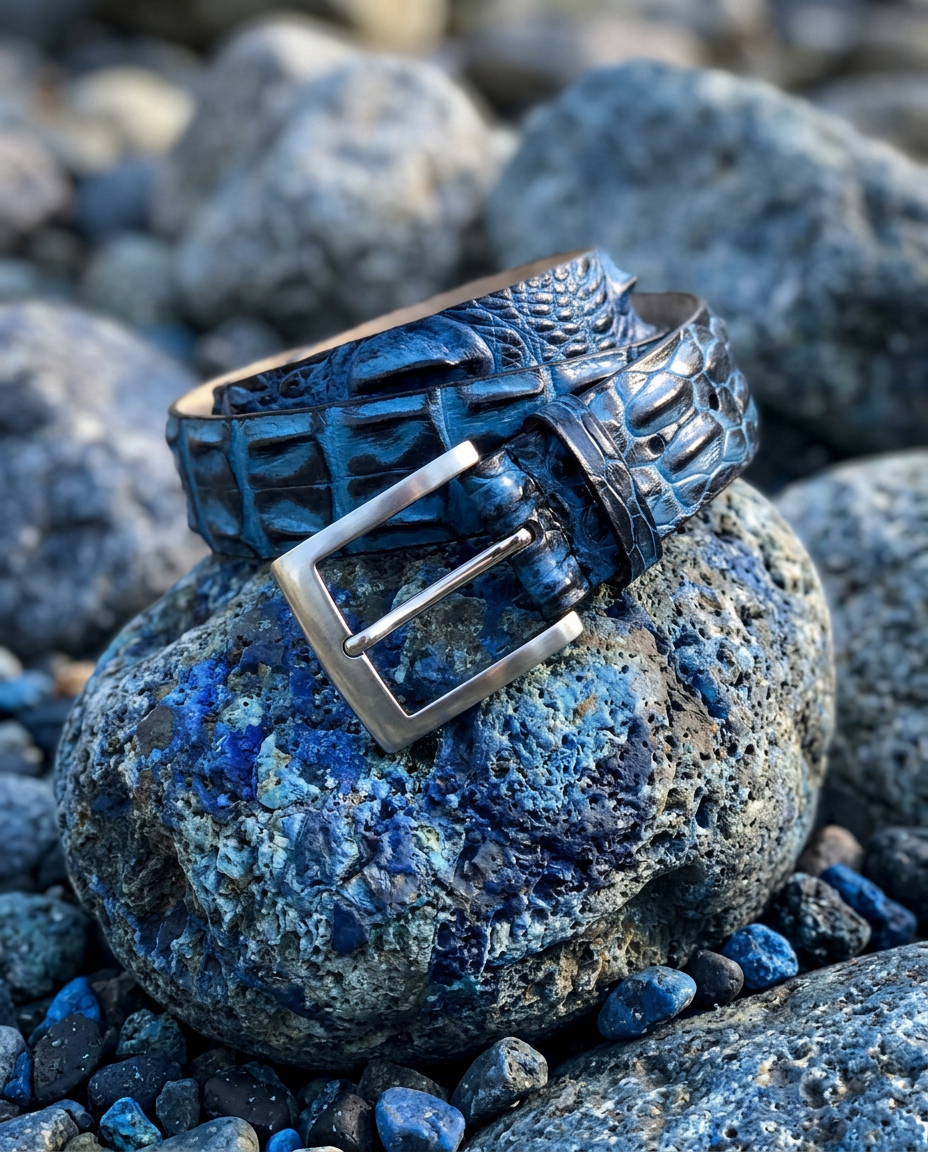 Caiman Skin Hornback Handpainted Belt Blue/Black