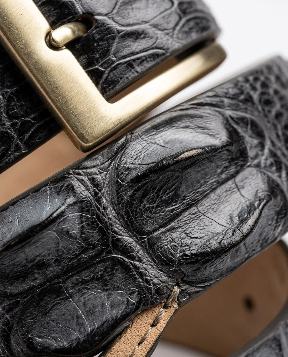 Caiman Skin Hornback Handpainted Belt Gray/Black