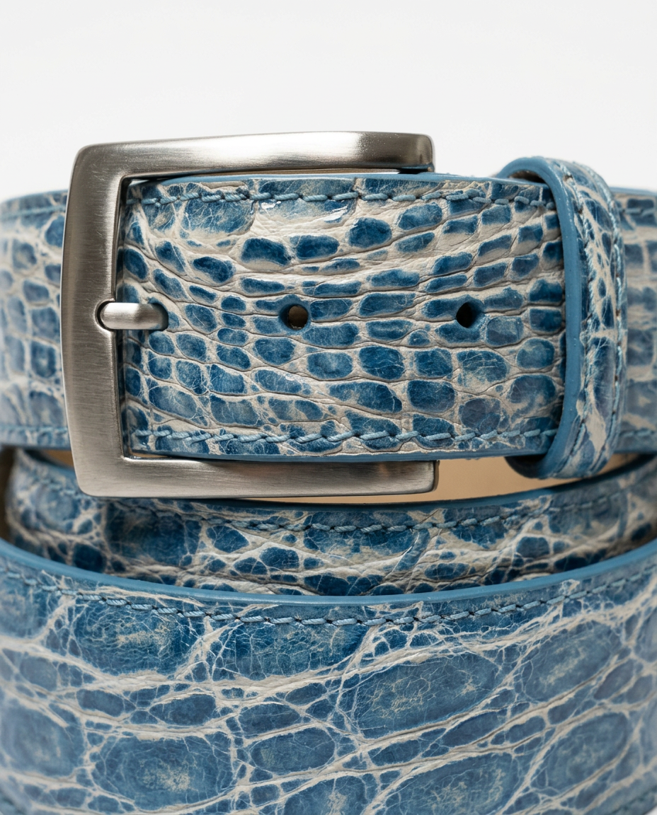 Caiman Skin Handpainted Belt Turquoise/White