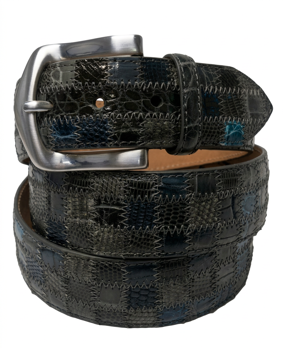 Alligator Caiman Lizard Multi-skin Patchwork Belt Gray