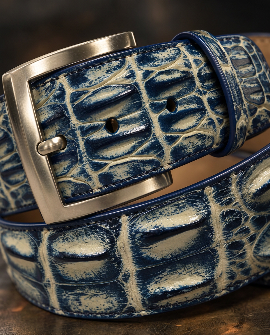 Caiman Skin Hornback Handpainted Belt Blue/White