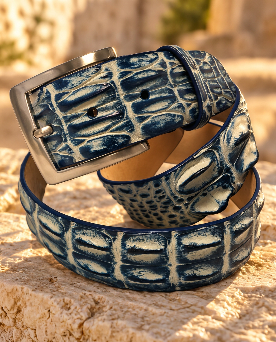 Caiman Skin Hornback Handpainted Belt Blue/White