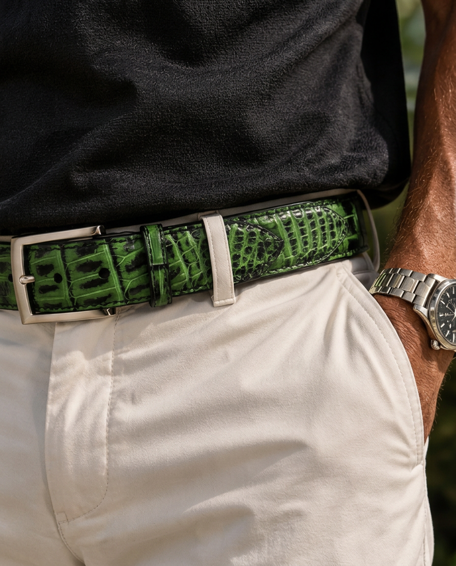 Caiman Skin Handpainted Belt Green/Black