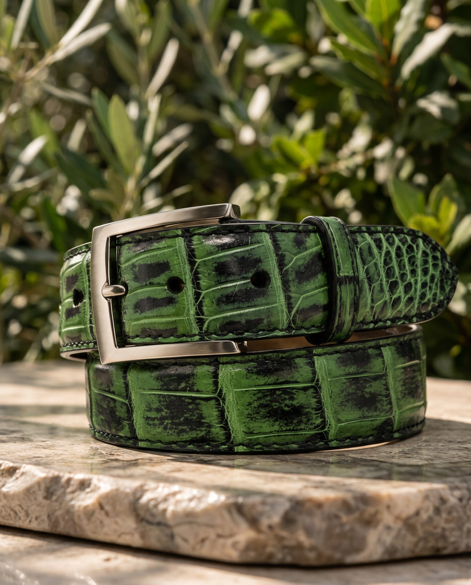 Caiman Skin Handpainted Belt Green/Black