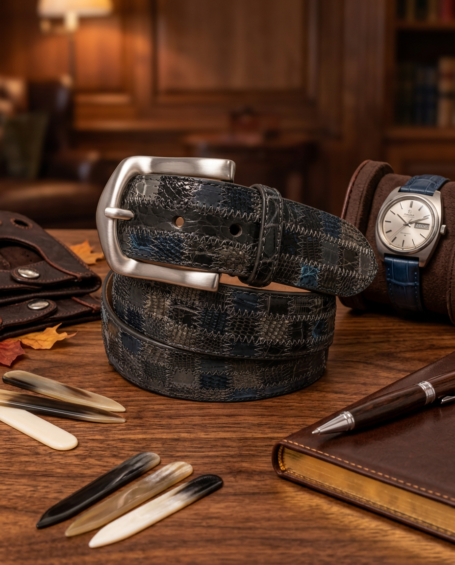 Alligator Caiman Lizard Multi-skin Patchwork Belt Gray