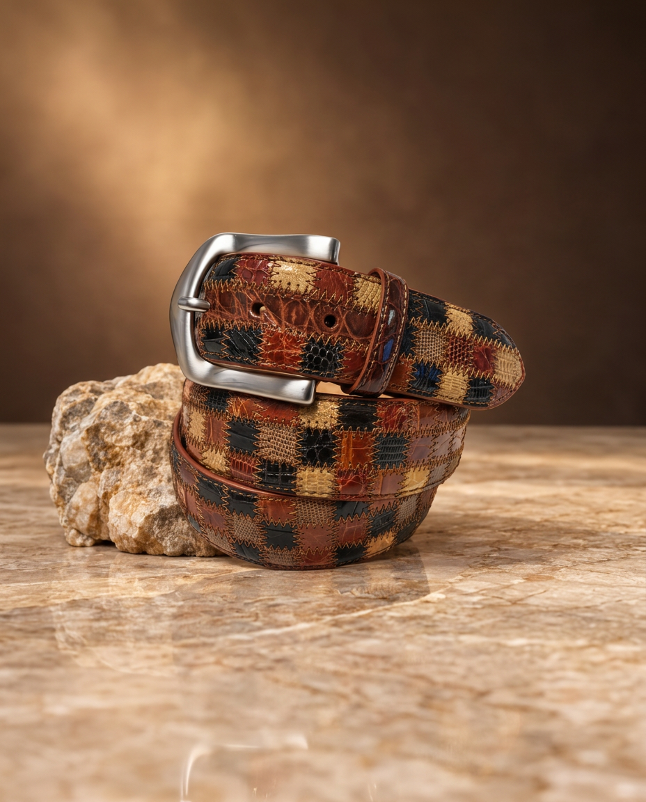 Alligator Caiman Lizard Multi-skin Patchwork Belt Brown