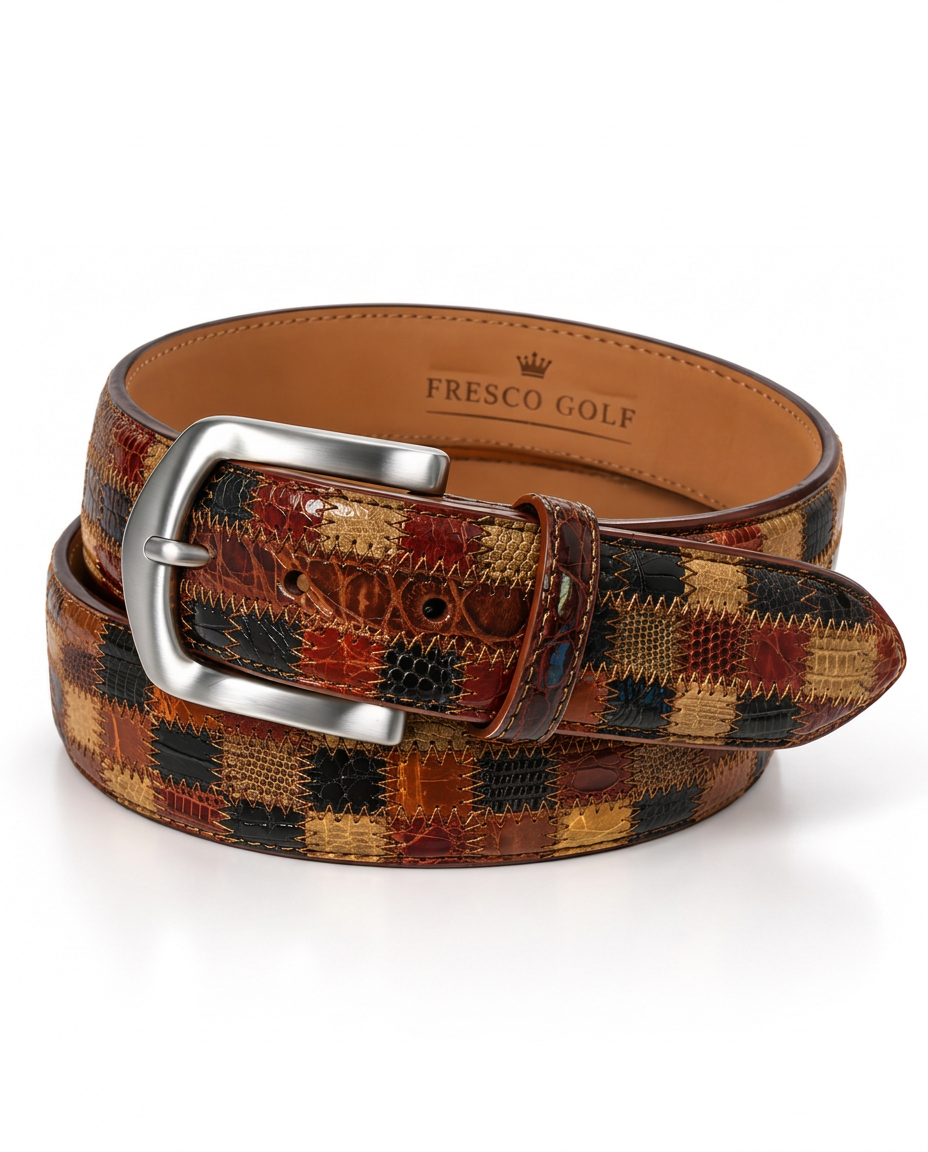 Alligator Caiman Lizard Multi-skin Patchwork Belt Brown