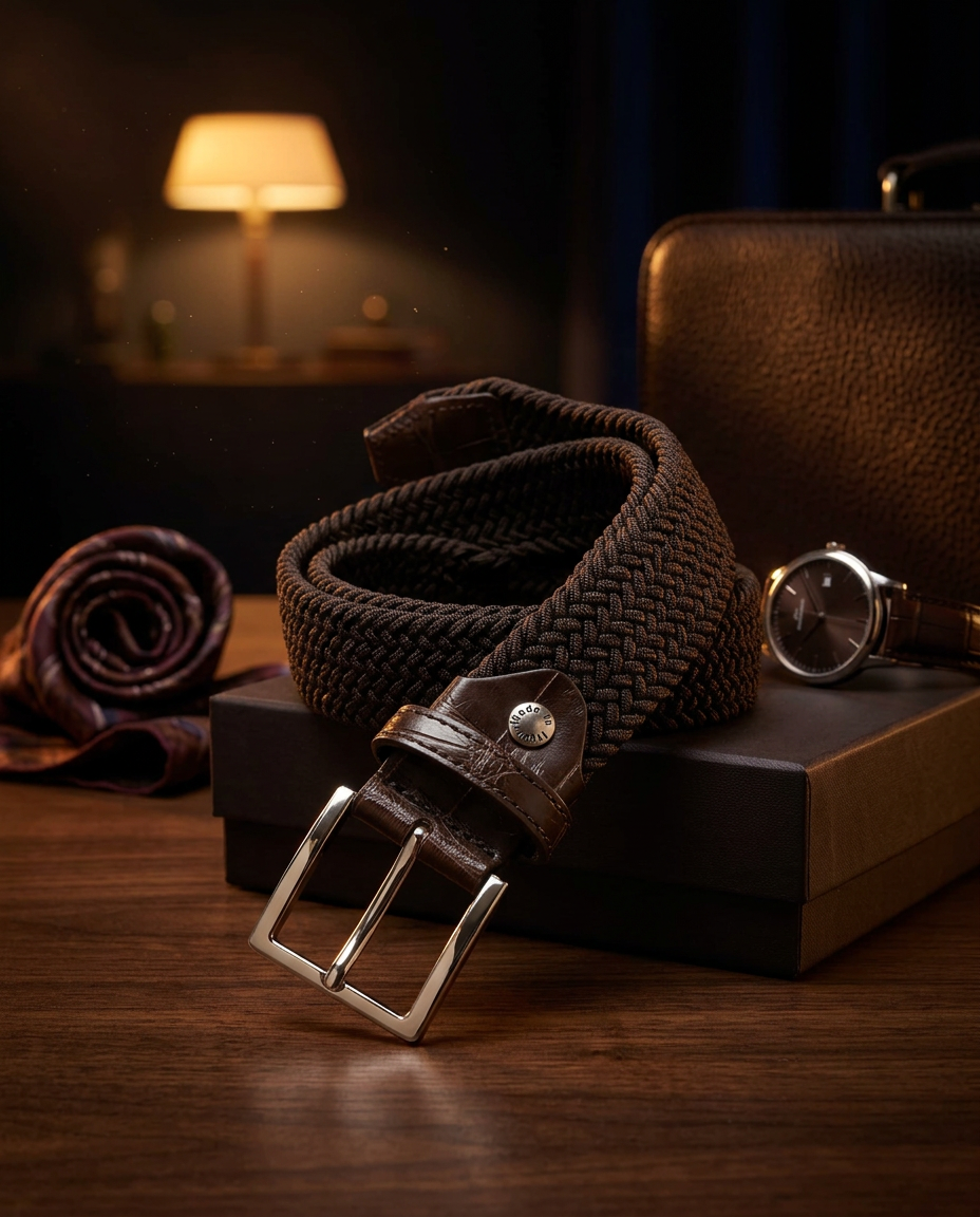 Woven Stretch Belt Crocodile Tab Solid Brown