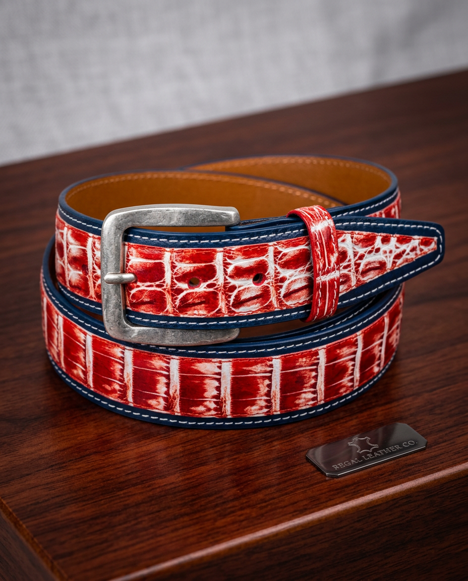 Caiman Calf Duo-Skin Handpainted Belt Red/White/Navy