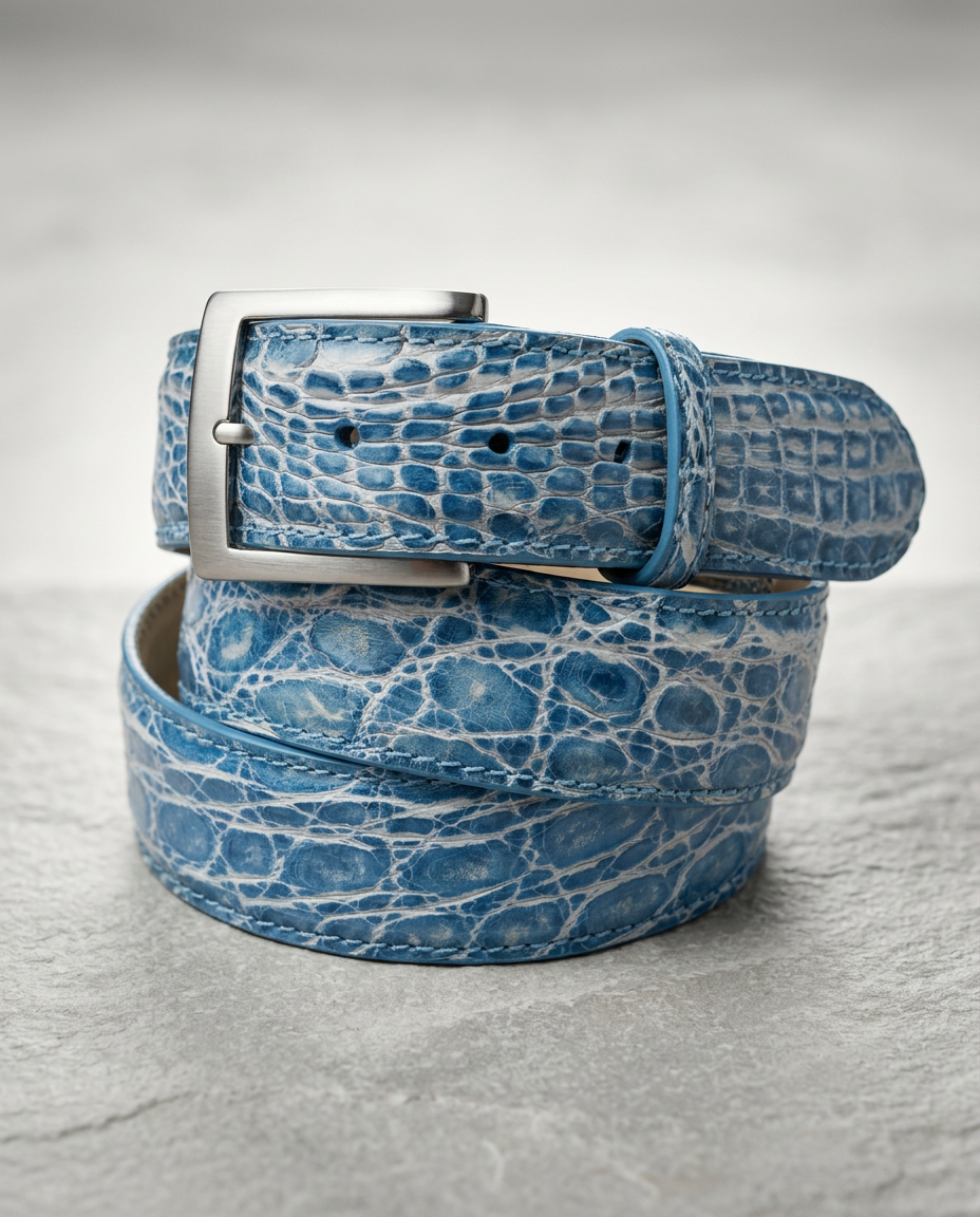 Caiman Skin Handpainted Belt Turquoise/White