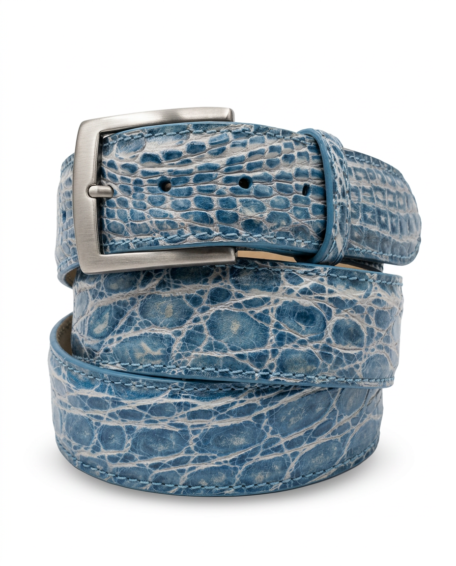 Caiman Skin Handpainted Belt Turquoise/White