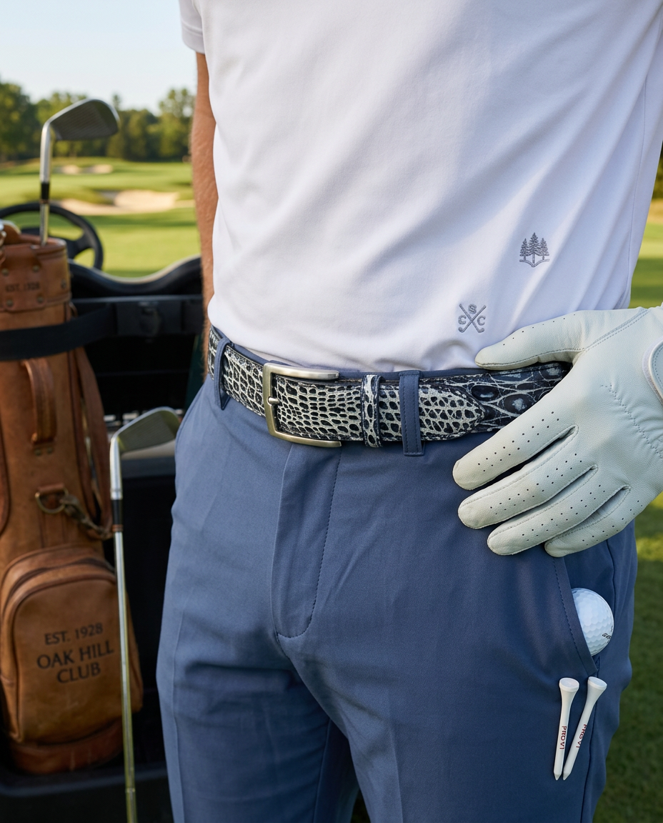 Caiman Skin Handpainted Belt Navy/White