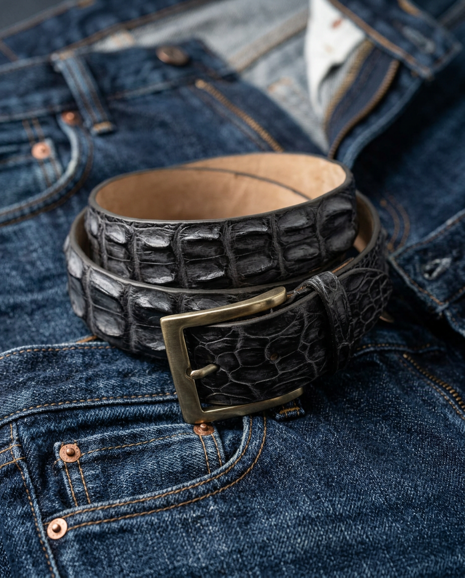 Caiman Skin Hornback Handpainted Belt Gray/Black