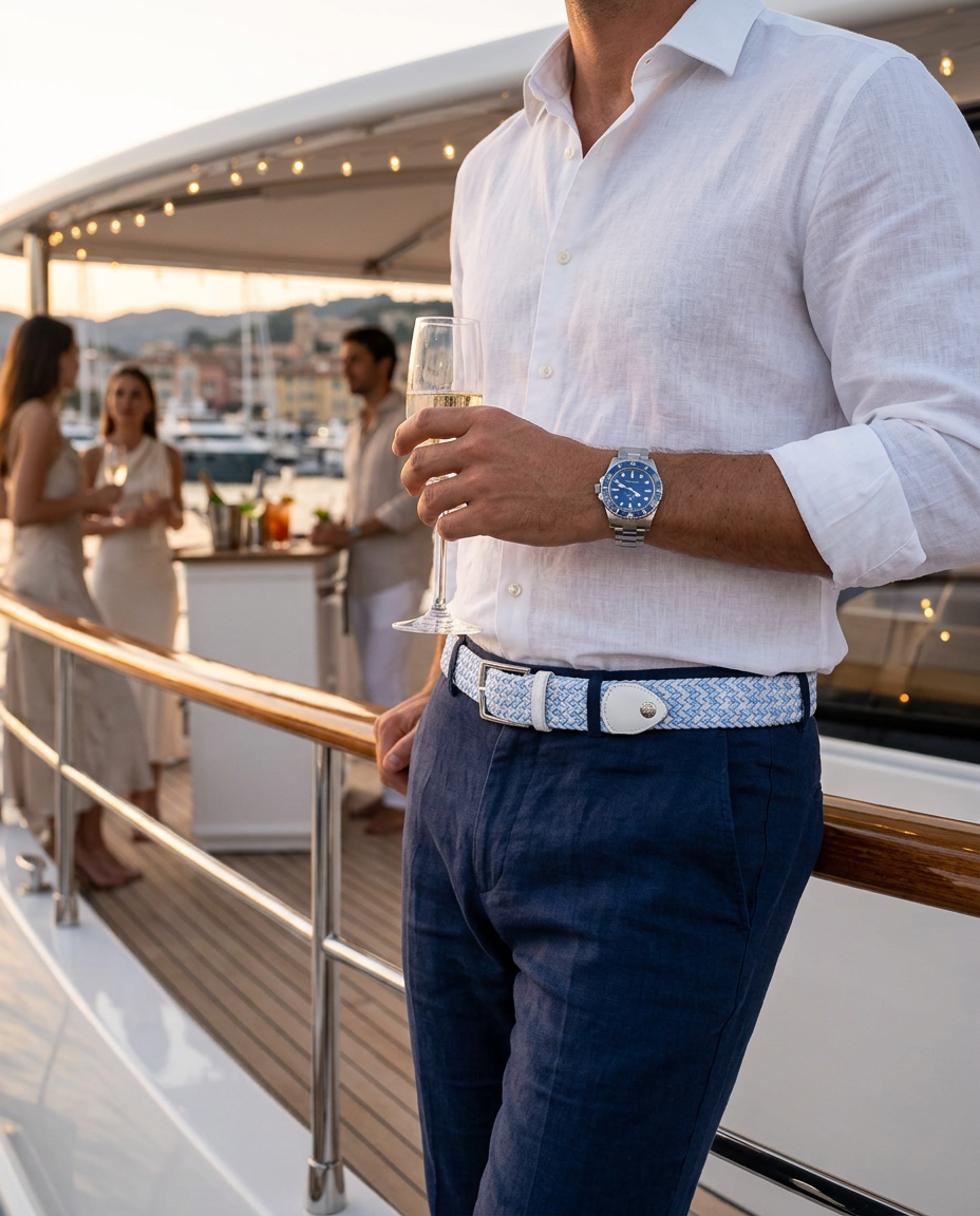 Woven Stretch Belt Stripe White/Light Blue