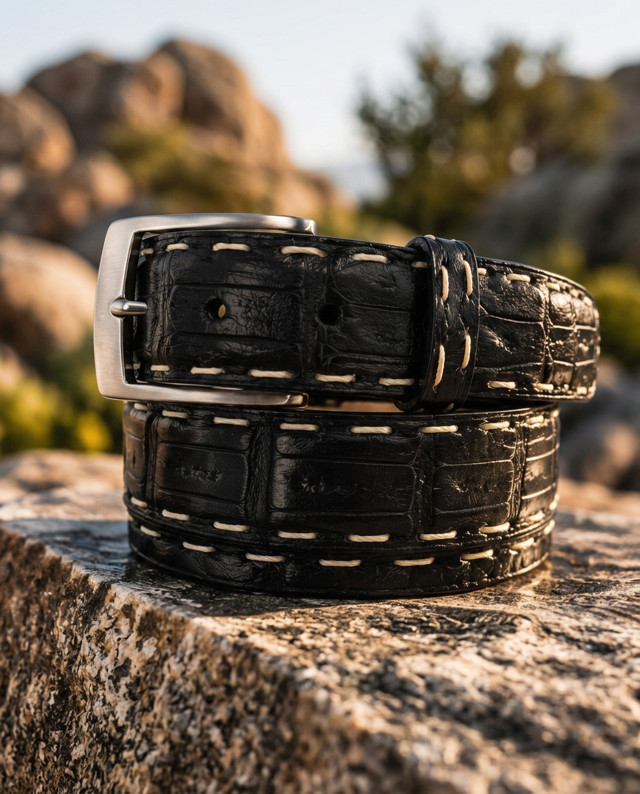 Caiman Skin Pick Stitch Belt Black