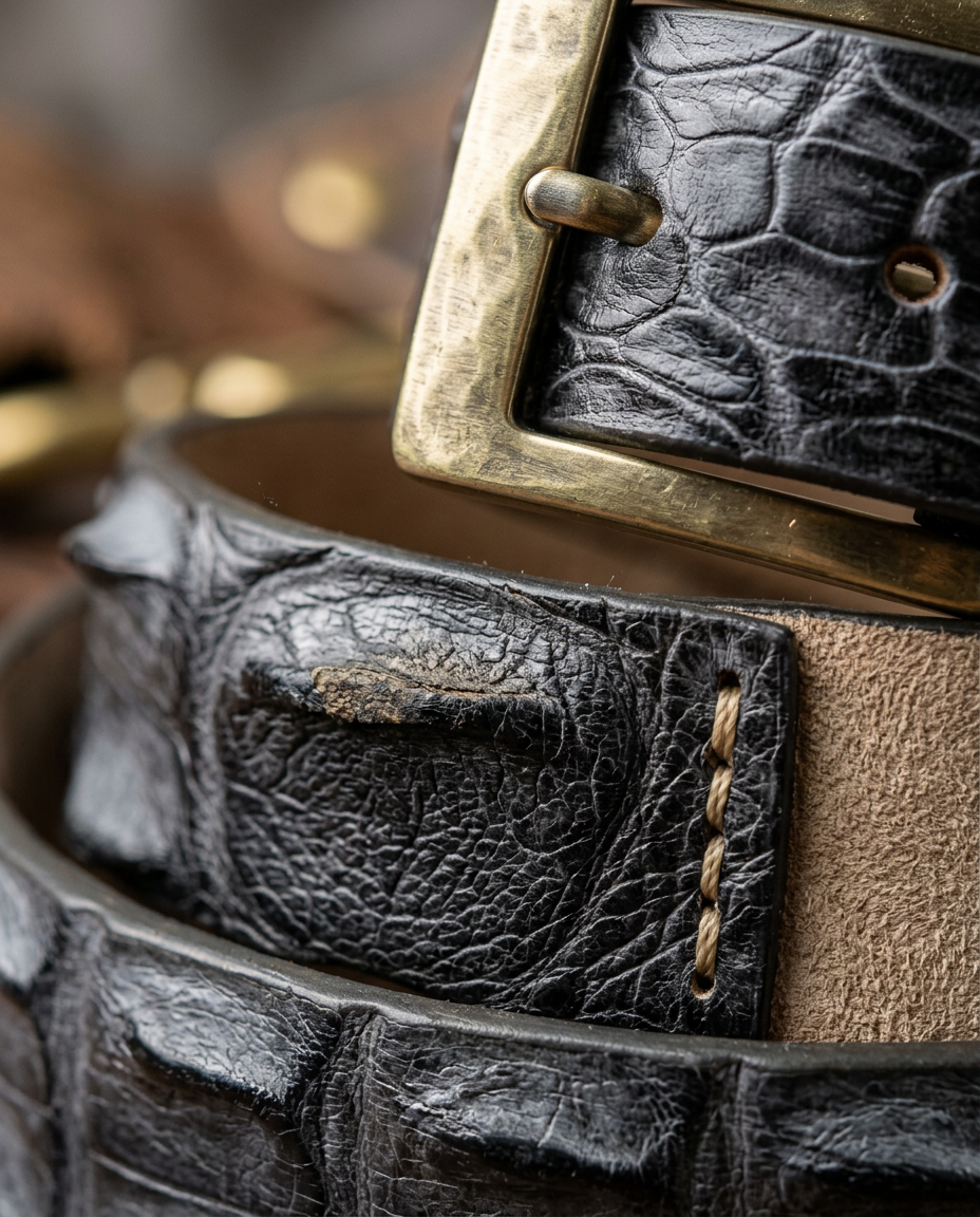 Caiman Skin Hornback Handpainted Belt Gray/Black