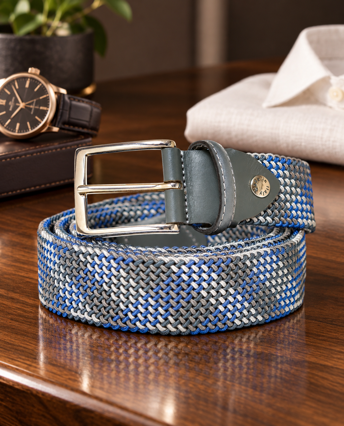 Woven Stretch Belt Tubular Gray/Royal Blue