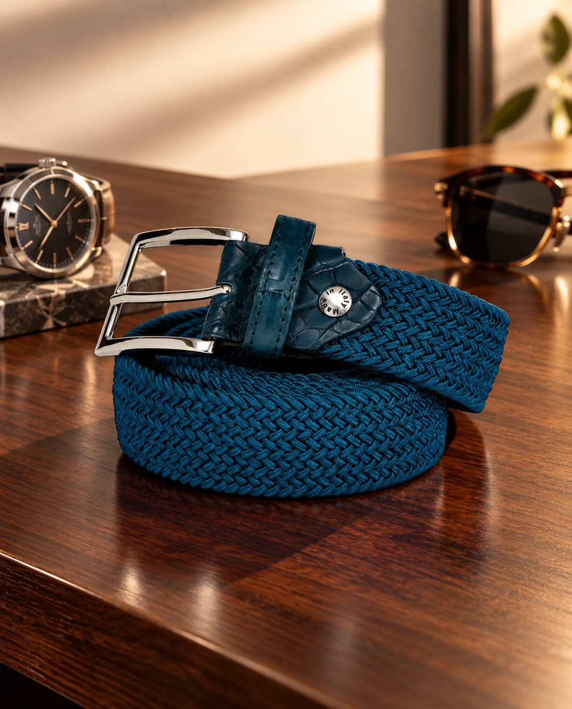 Woven Stretch Belt Crocodile Tab Solid Turquoise