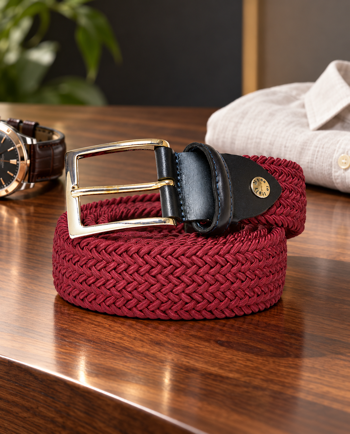 Woven Stretch Belt Solid Burgundy