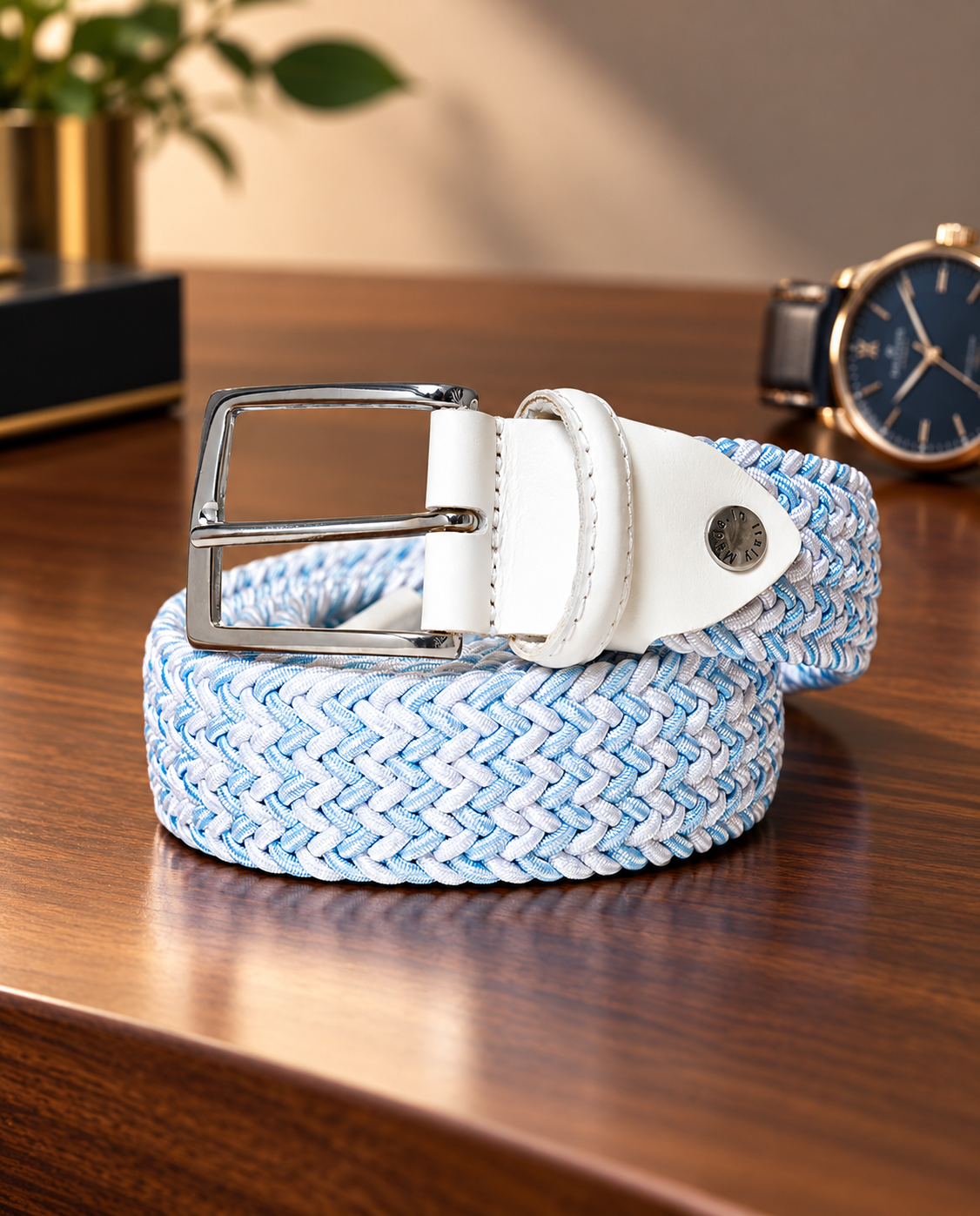 Woven Stretch Belt Stripe White/Light Blue
