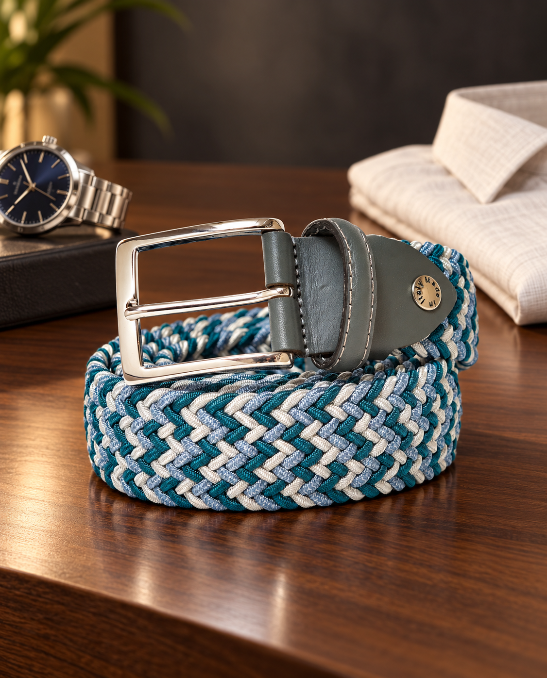 Woven Stretch Belt Teal Monochrome