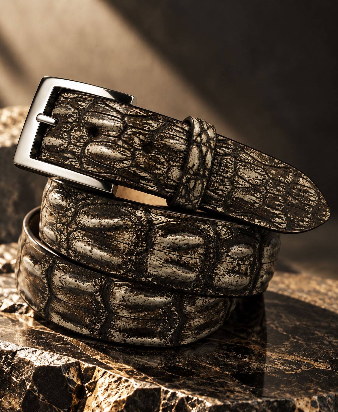Caiman Skin Hornback Handpainted Belt Brown/Bone