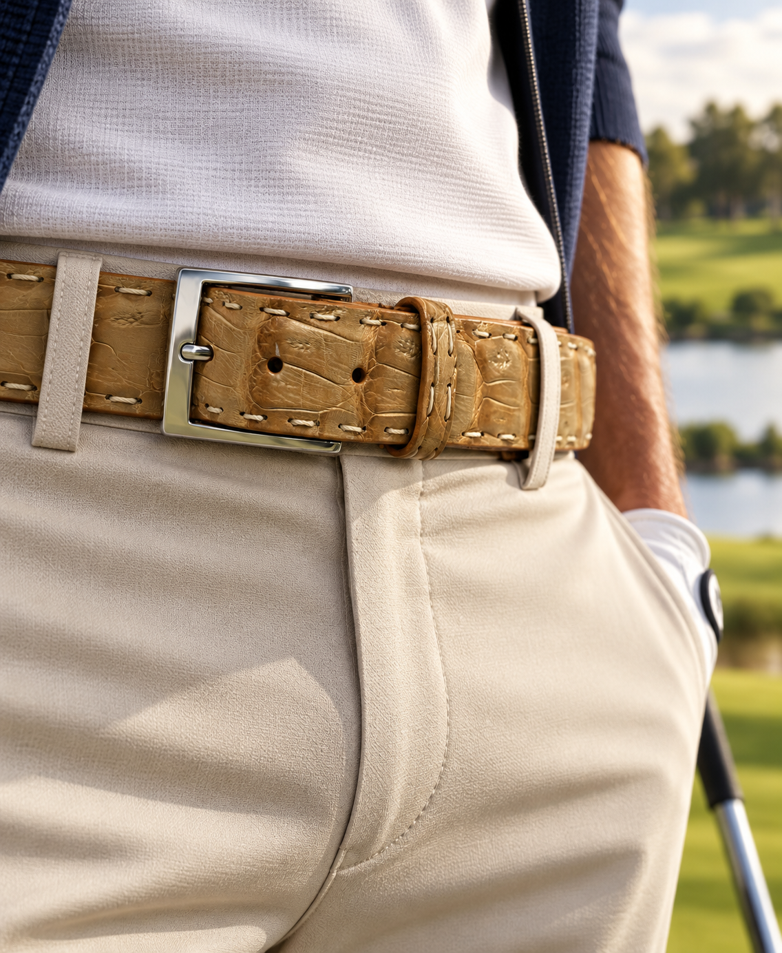 Caiman Skin Pick Stitch Belt Sand