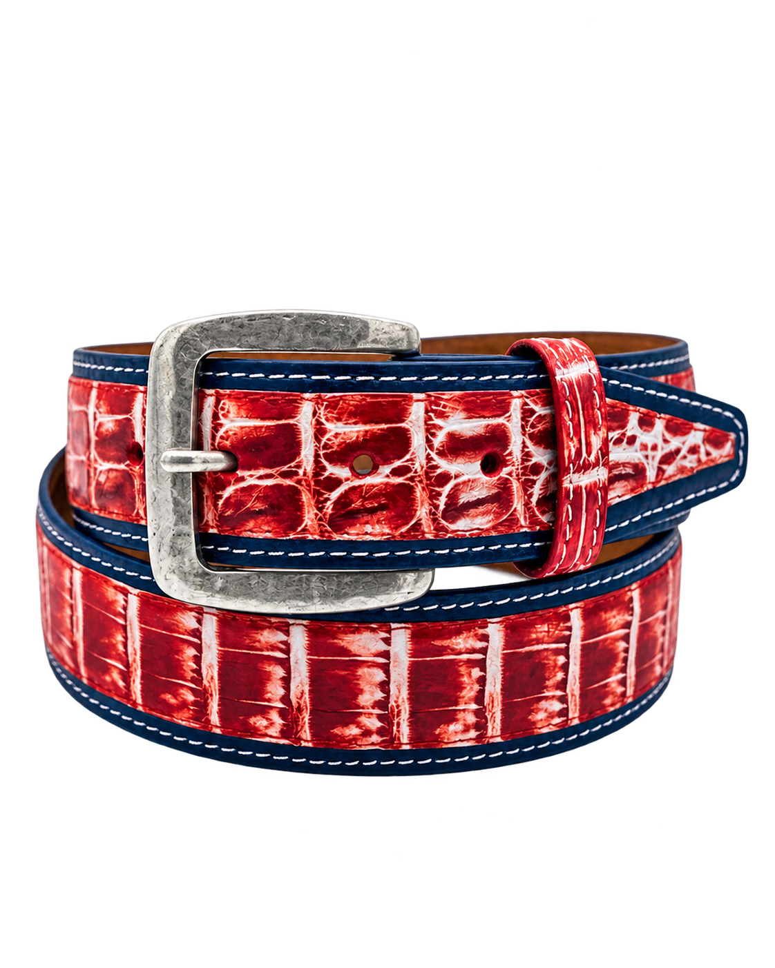 Caiman Calf Duo-Skin Handpainted Belt Red/White/Navy