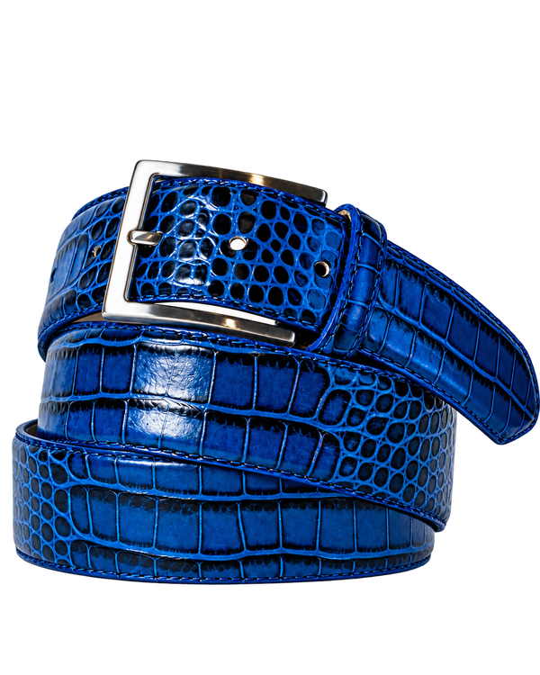 Limited Edition Handpainted Calf Skin Alligator Embossed Belt Blue/Black
