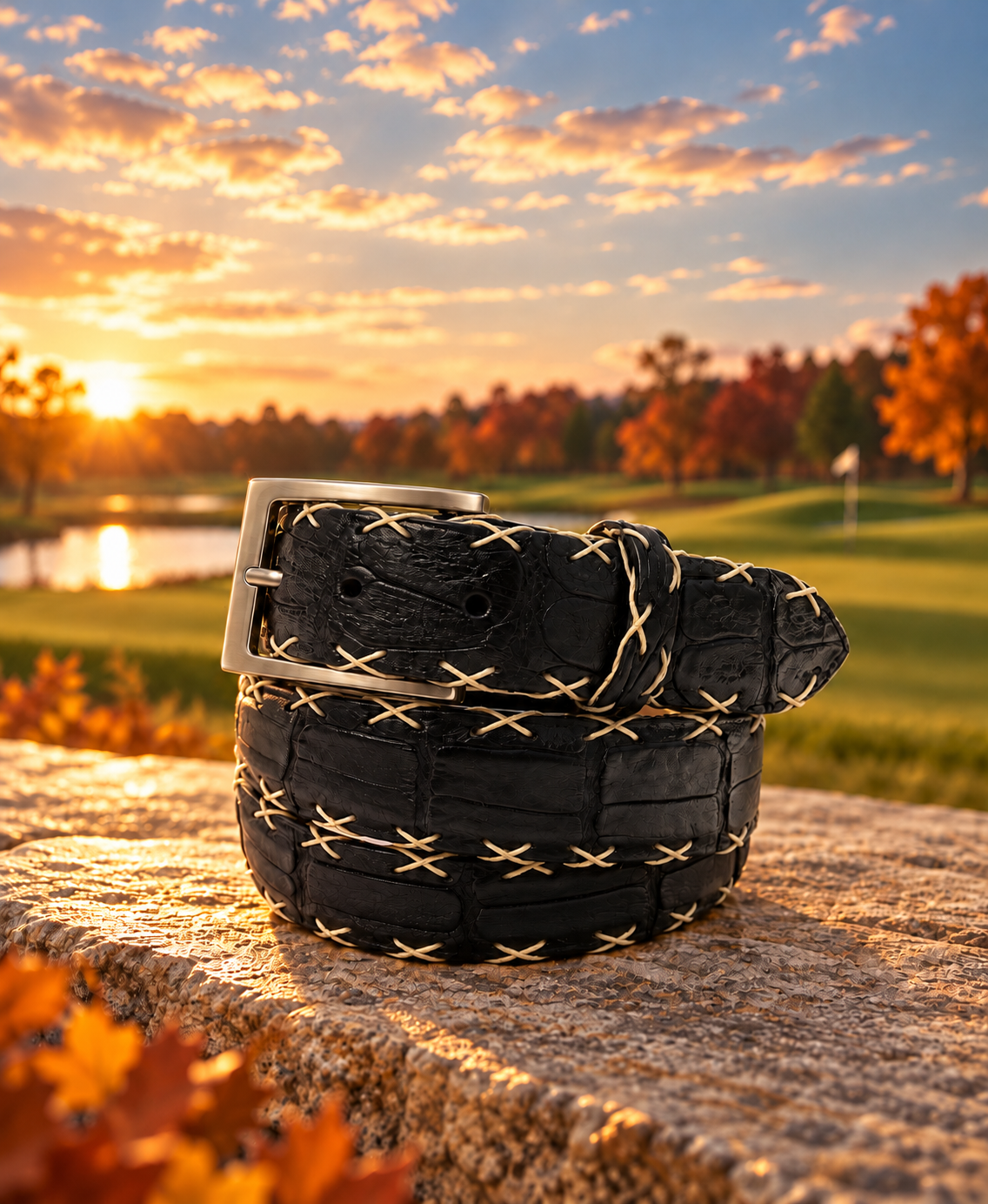 Caiman Skin Cross Stitch Belt Black