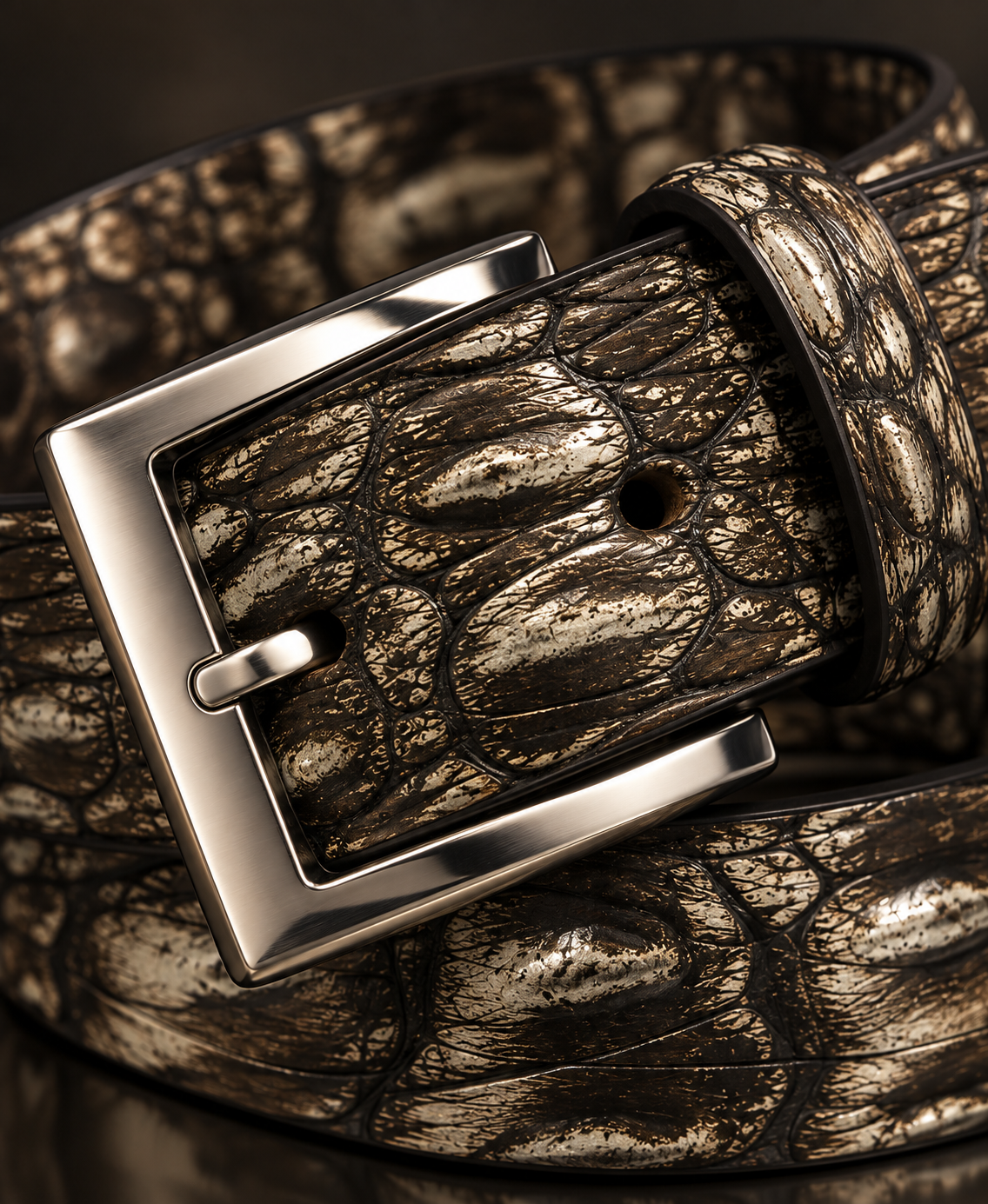 Caiman Skin Hornback Handpainted Belt Brown/Bone