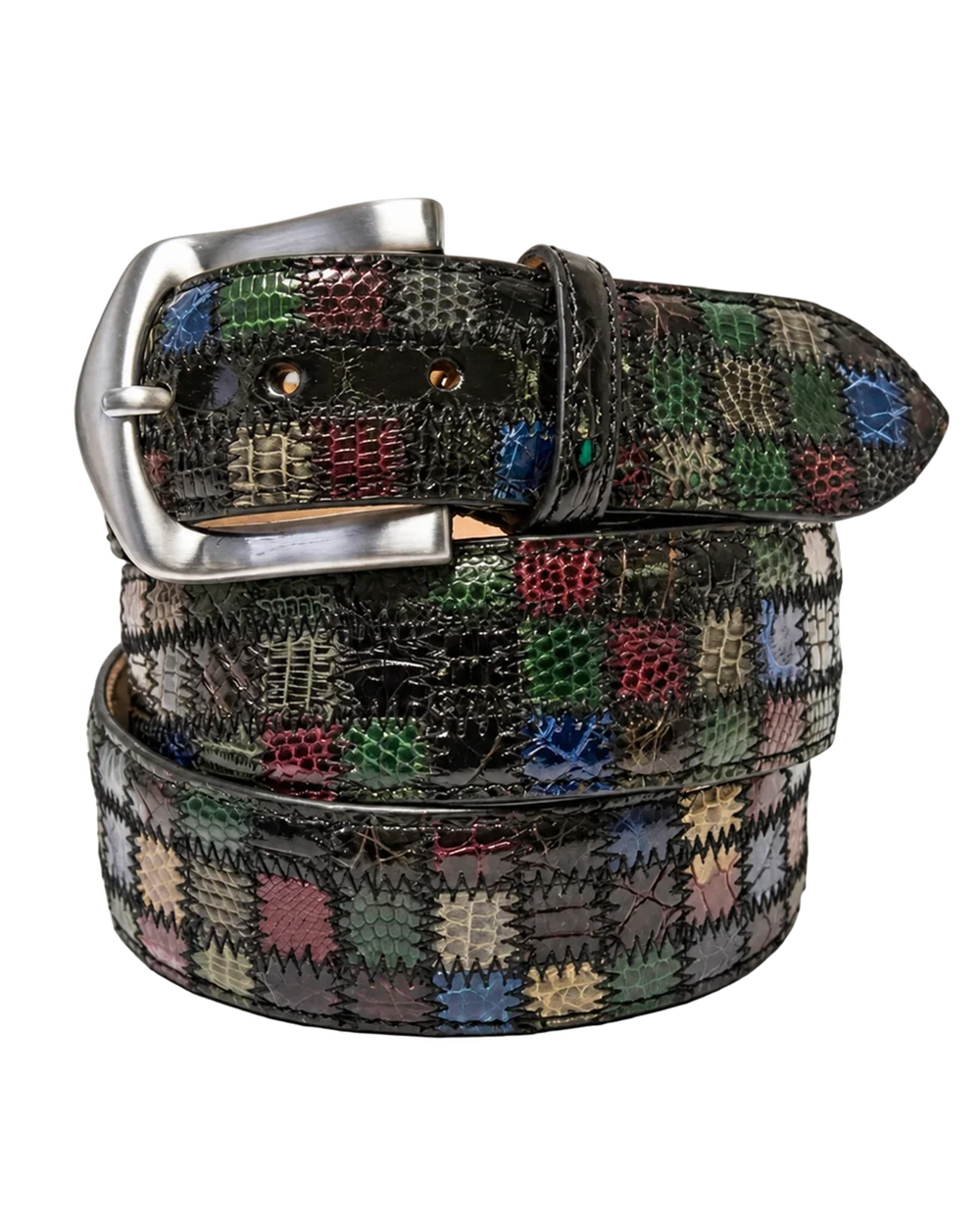 Alligator Caiman Lizard Multi-skin Patchwork Belt Dark Multicolor