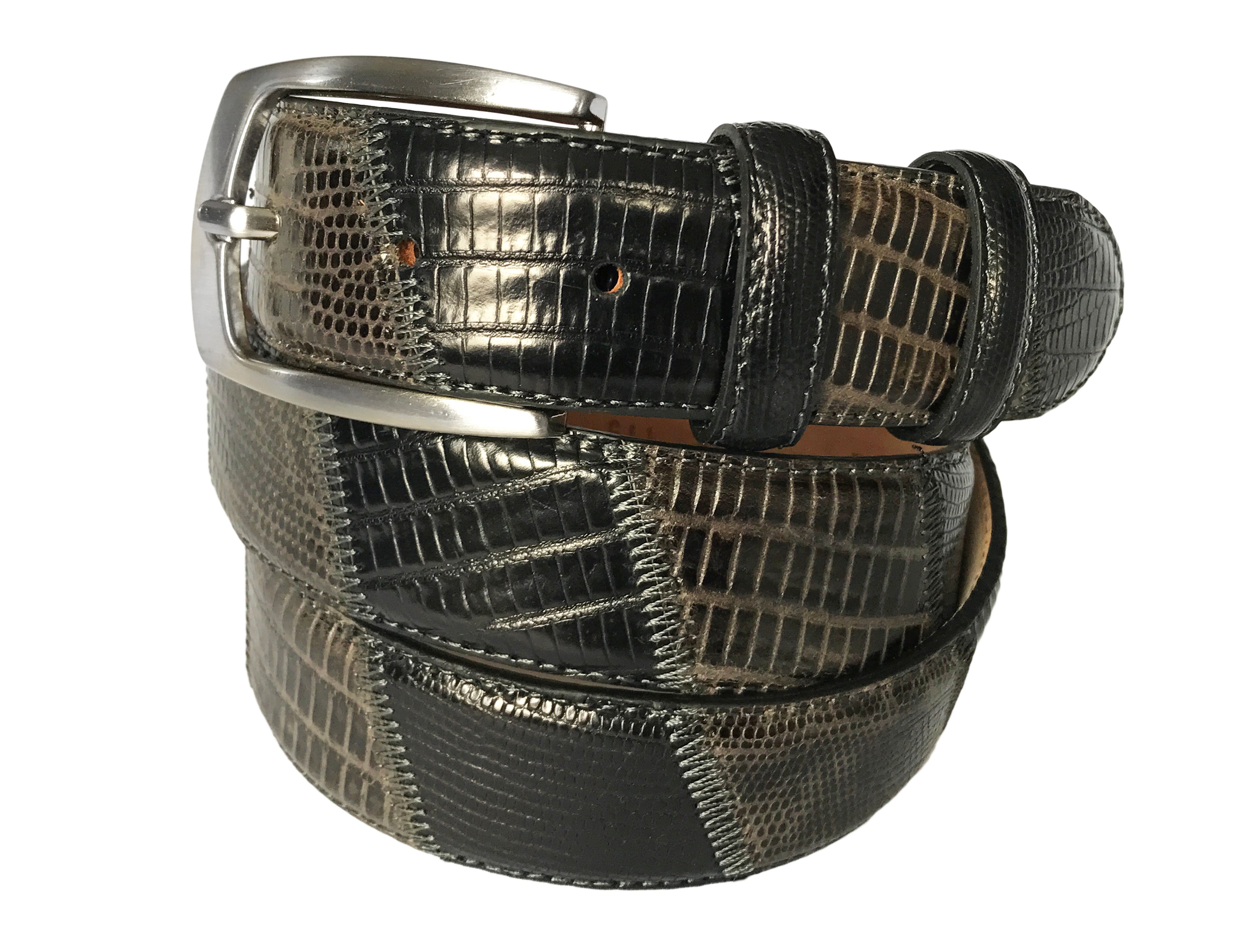 Calf Skin Lizard Embossed Patchwork Belt Black/Gray