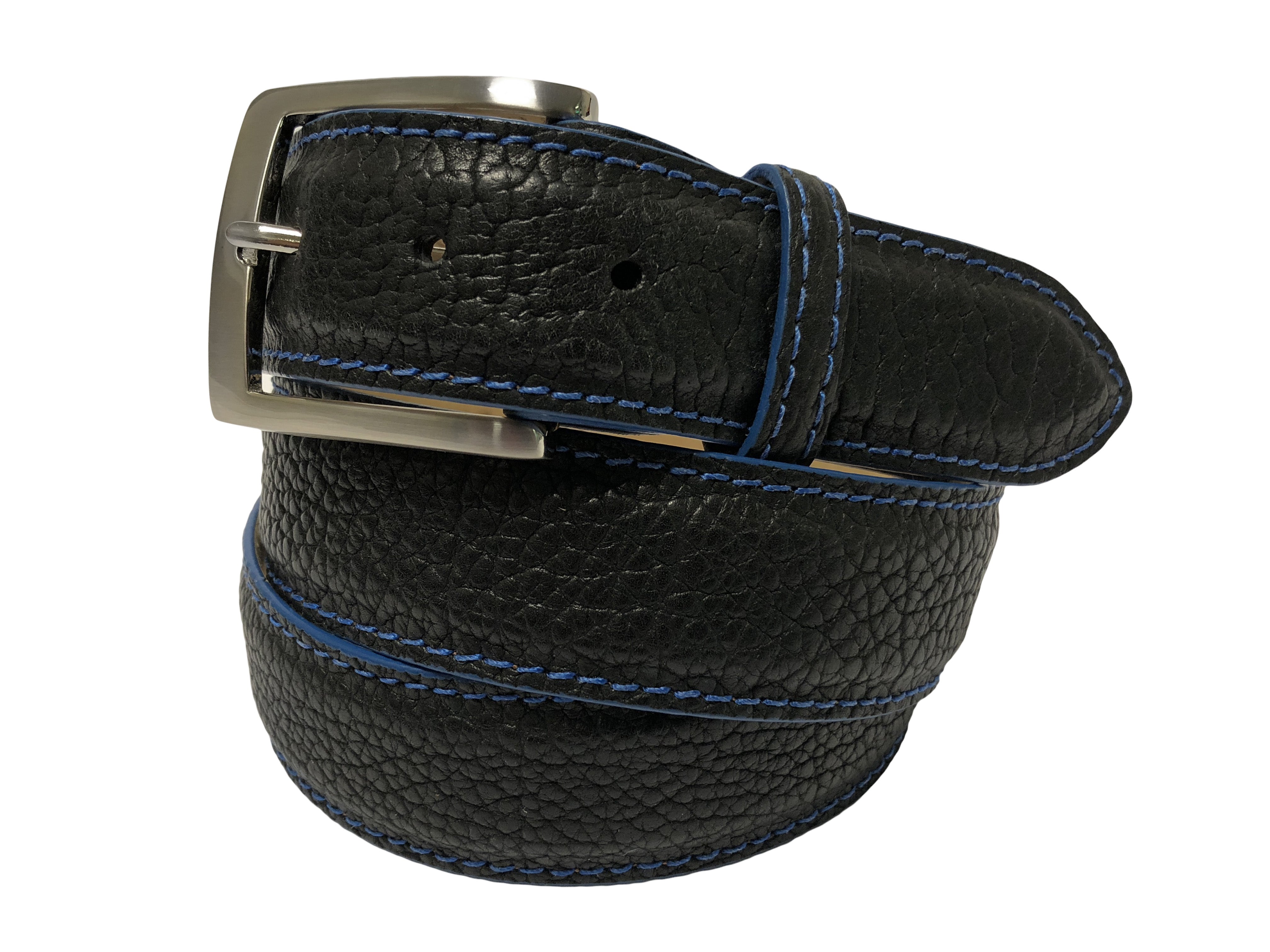 Bison Skin Belt Black / Blue Stitch
