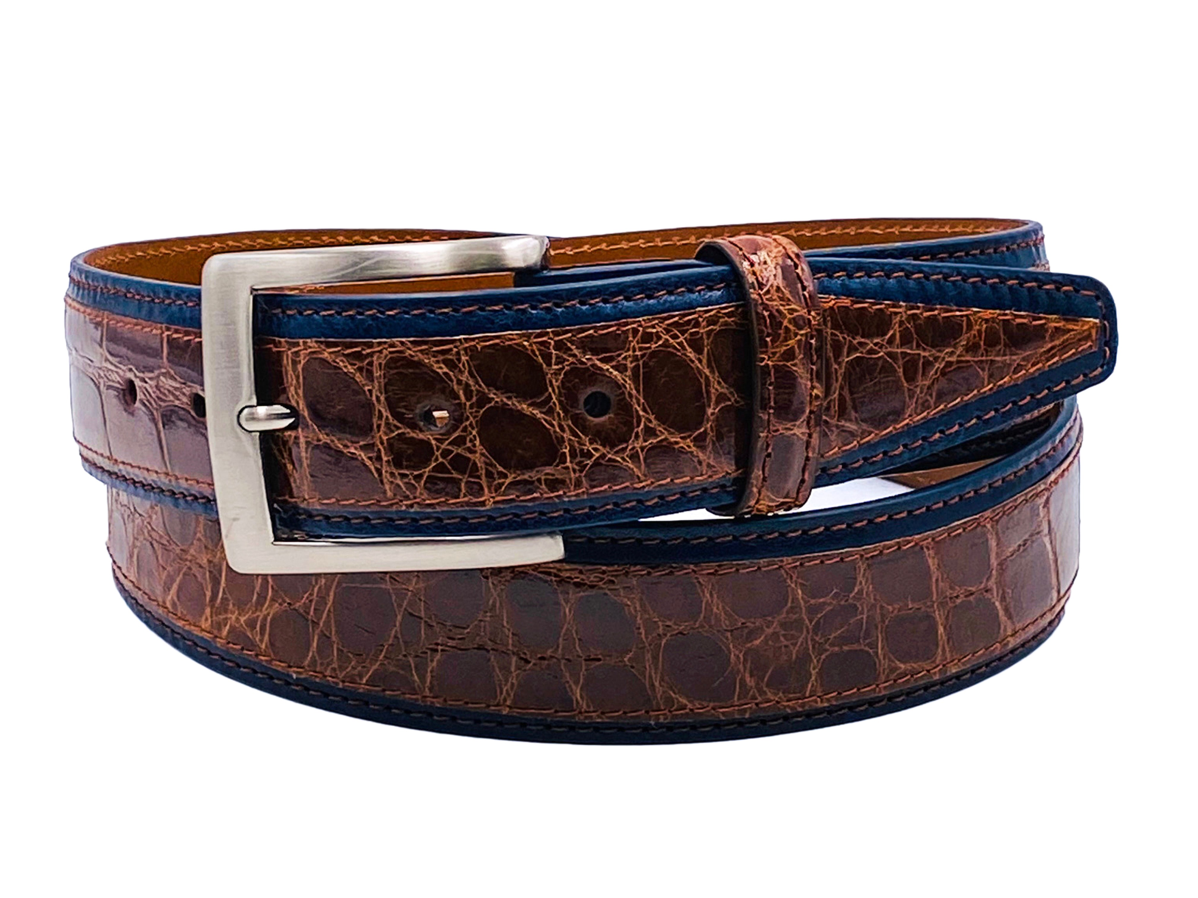 Alligator Calf Duo-Skin Handpainted Belt Navy/Cognac 38 / 40mm (1.5) Alligator Calf Duo-Skin Handpainted Belt Navy/Cognac 38 / 40mm (1.5)