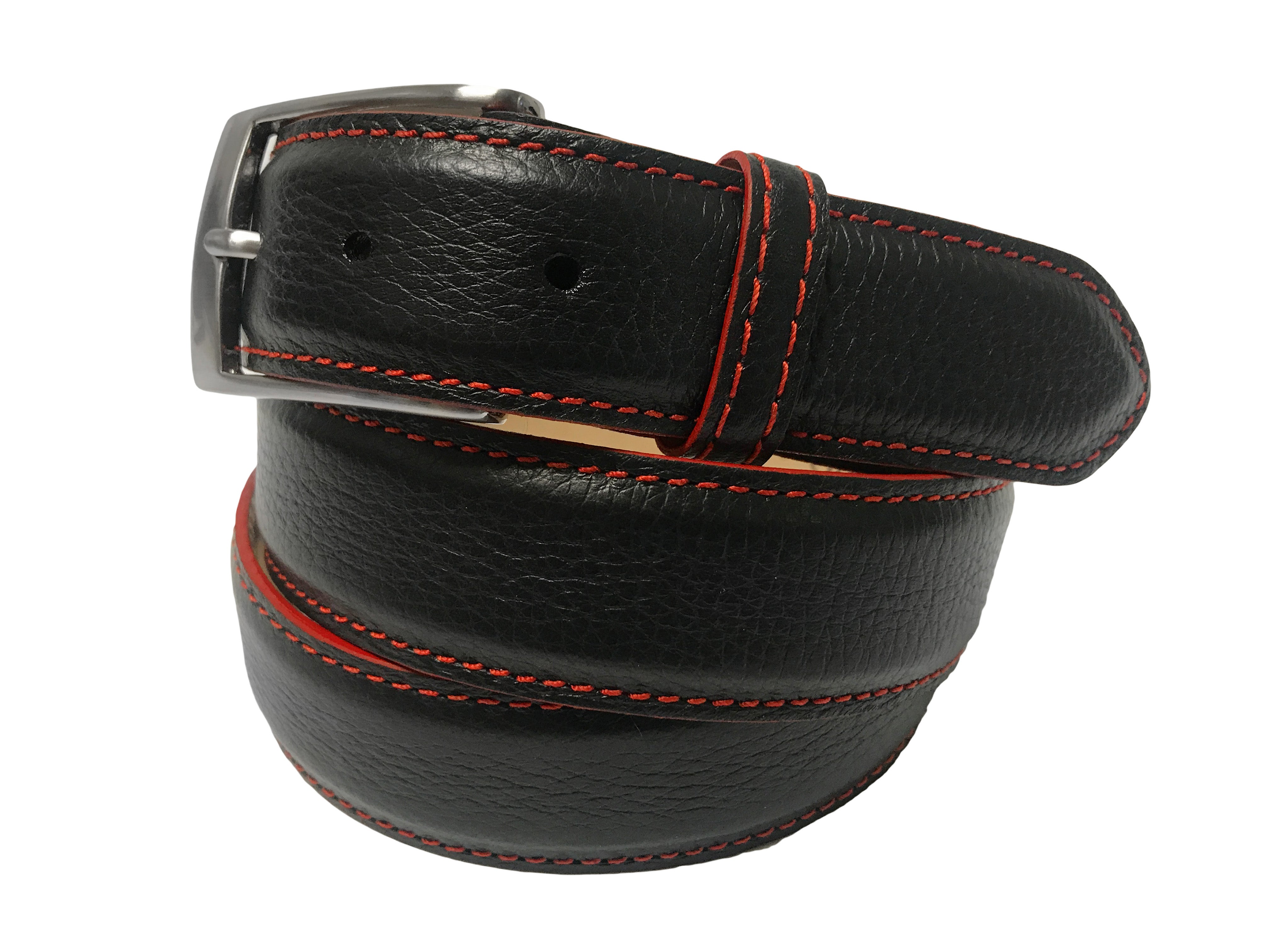 Calf Skin Pebble Belt Black / Red Stitch & Edge