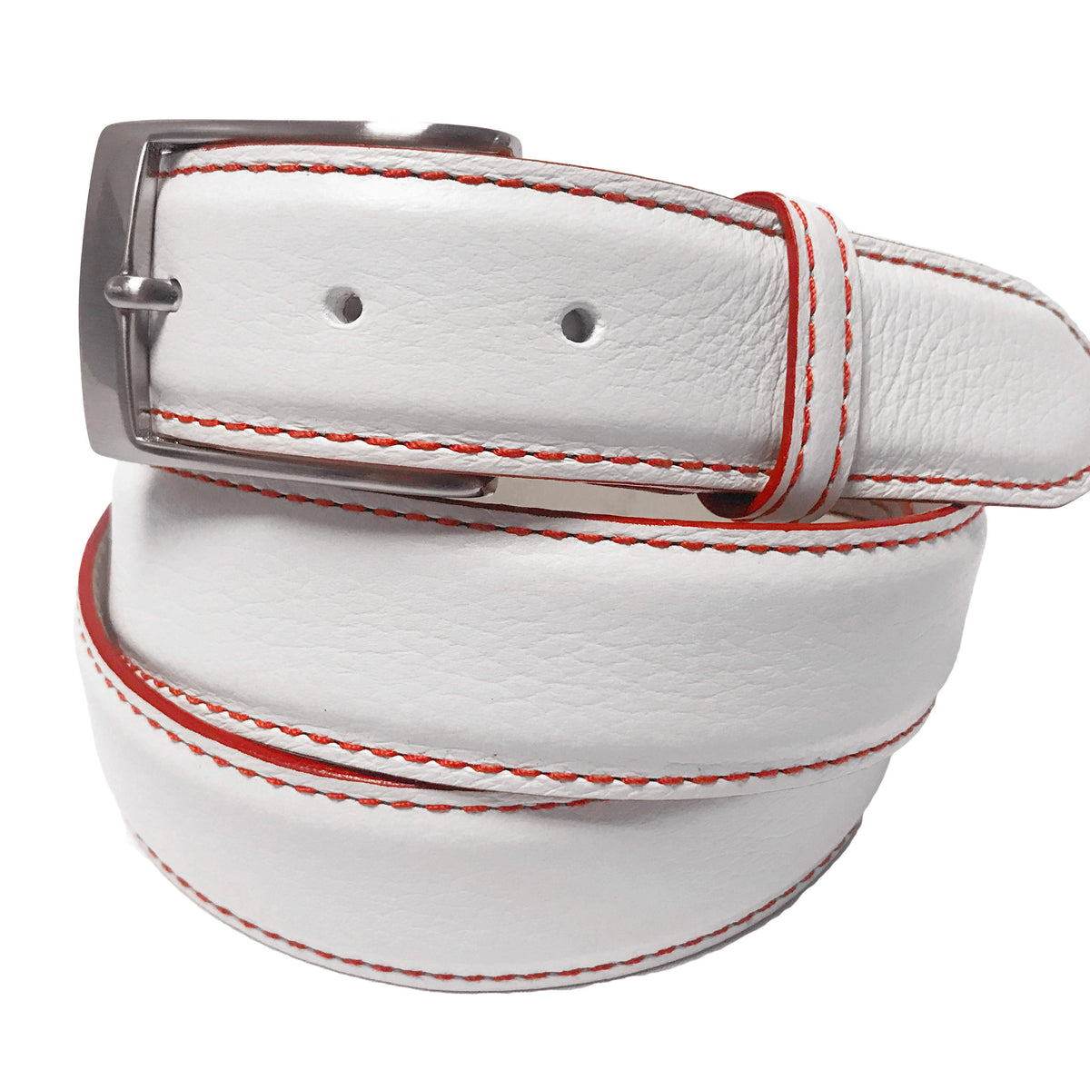 white dress belt mens Calf Skin Pebble Belt White / Red Stitch & Edge 39 / 35mm (1.375”)