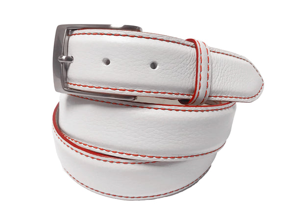 Off-White Cream Belt with Red Stitching White Italian Pebble Grain Belt | Designer Belts | Roger Ximenez main image 2